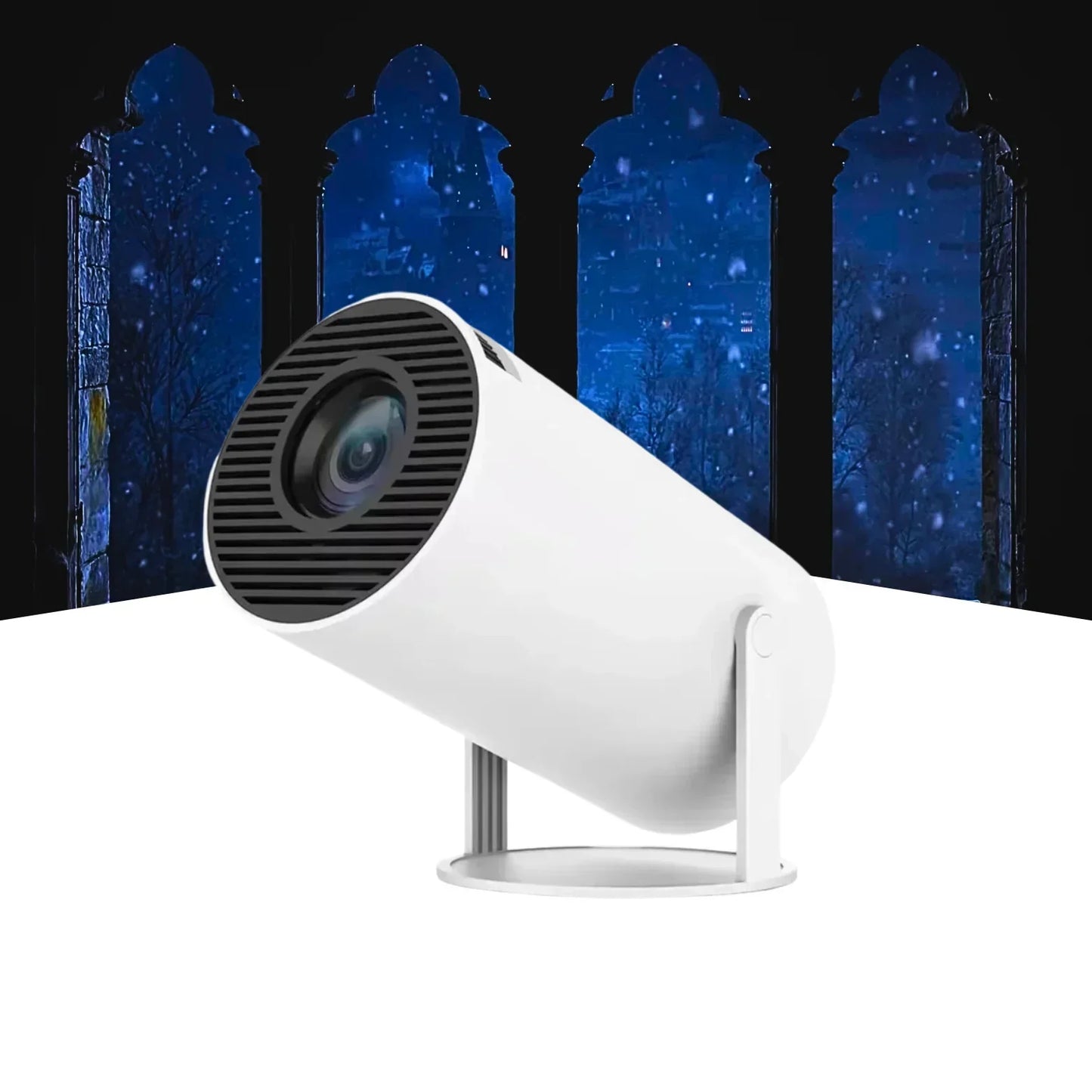 Modern white projector in front of a night castle window with snow and blue sky